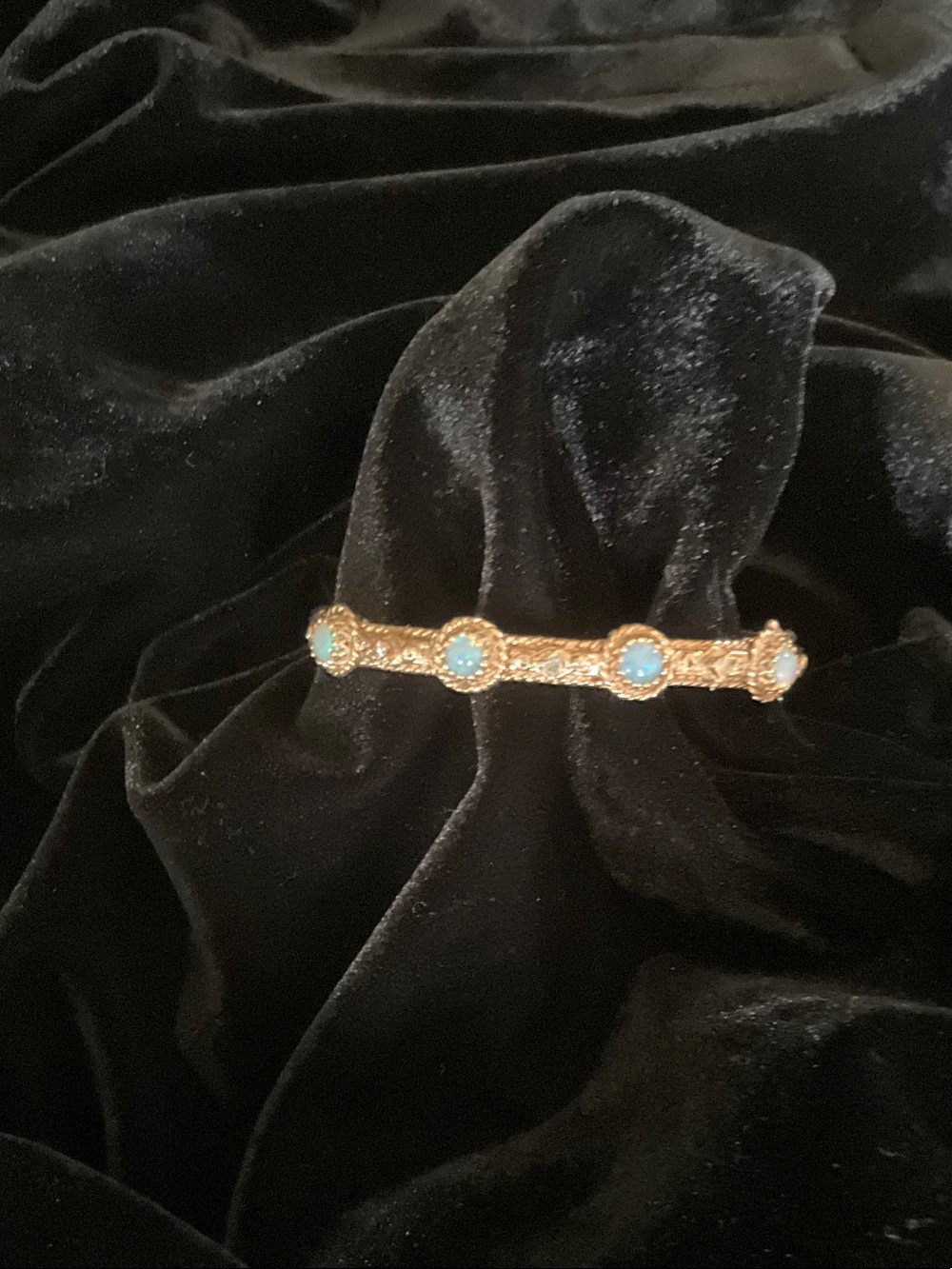 14K Yellow Gold Opal and Diamond Bangle Bracelet with Double Safety Clasp